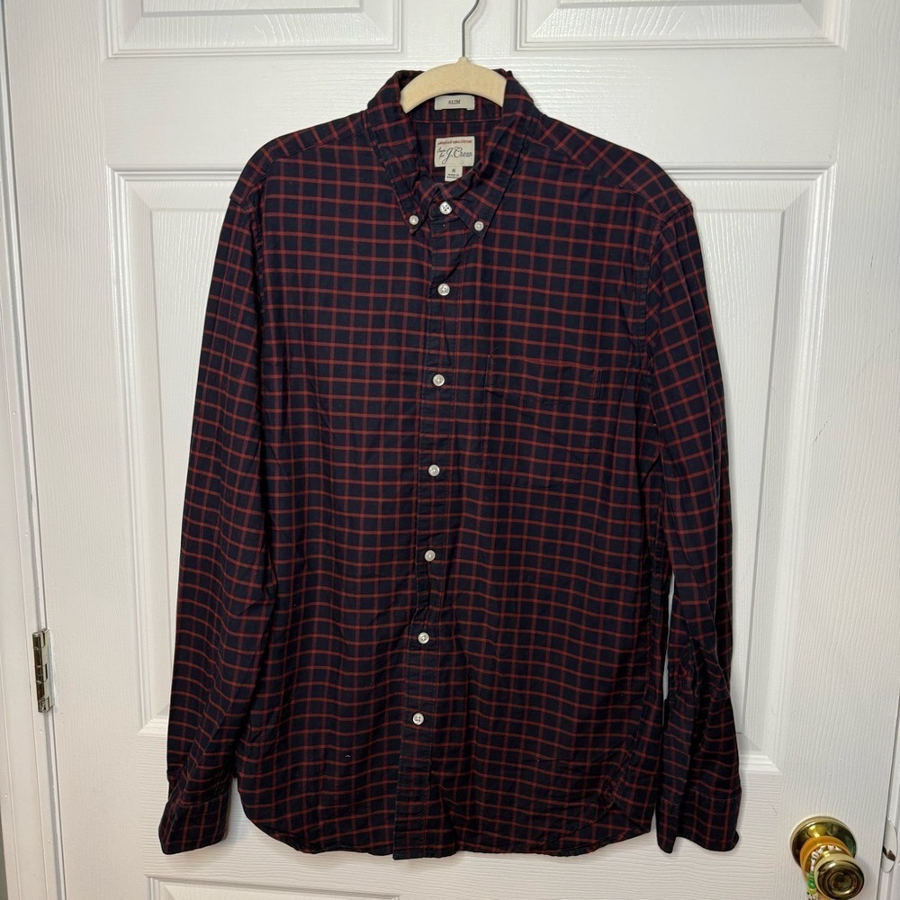 J Crew Prima Cotton Slim Cut Mens Button Down Blue and Red Checkered Size Medium